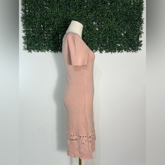 Ann Taylor Knit Dusty Pink Embroidered Floral Hem Midi Dress Size Extra Small - Picture 3 of 9